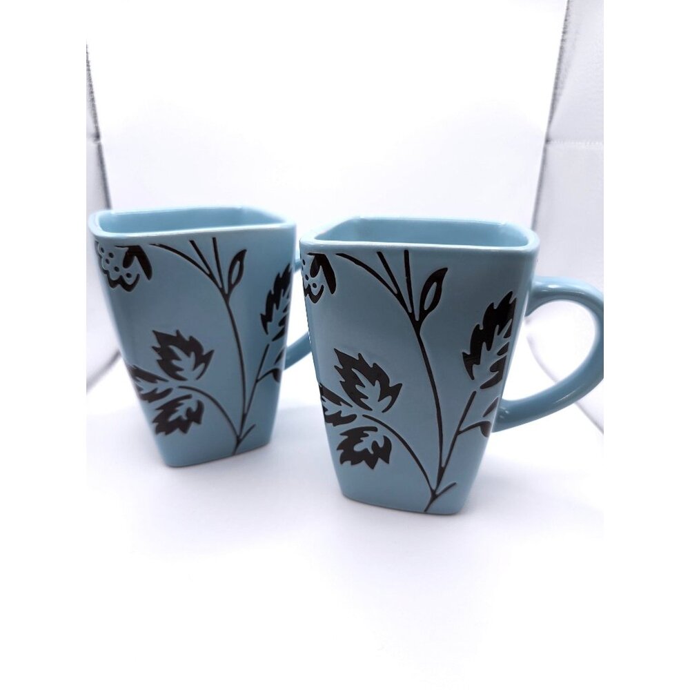 Set Of 2 Mystic Passage Blue Square Ceramic Mugs With Black Floral Design Dishwa